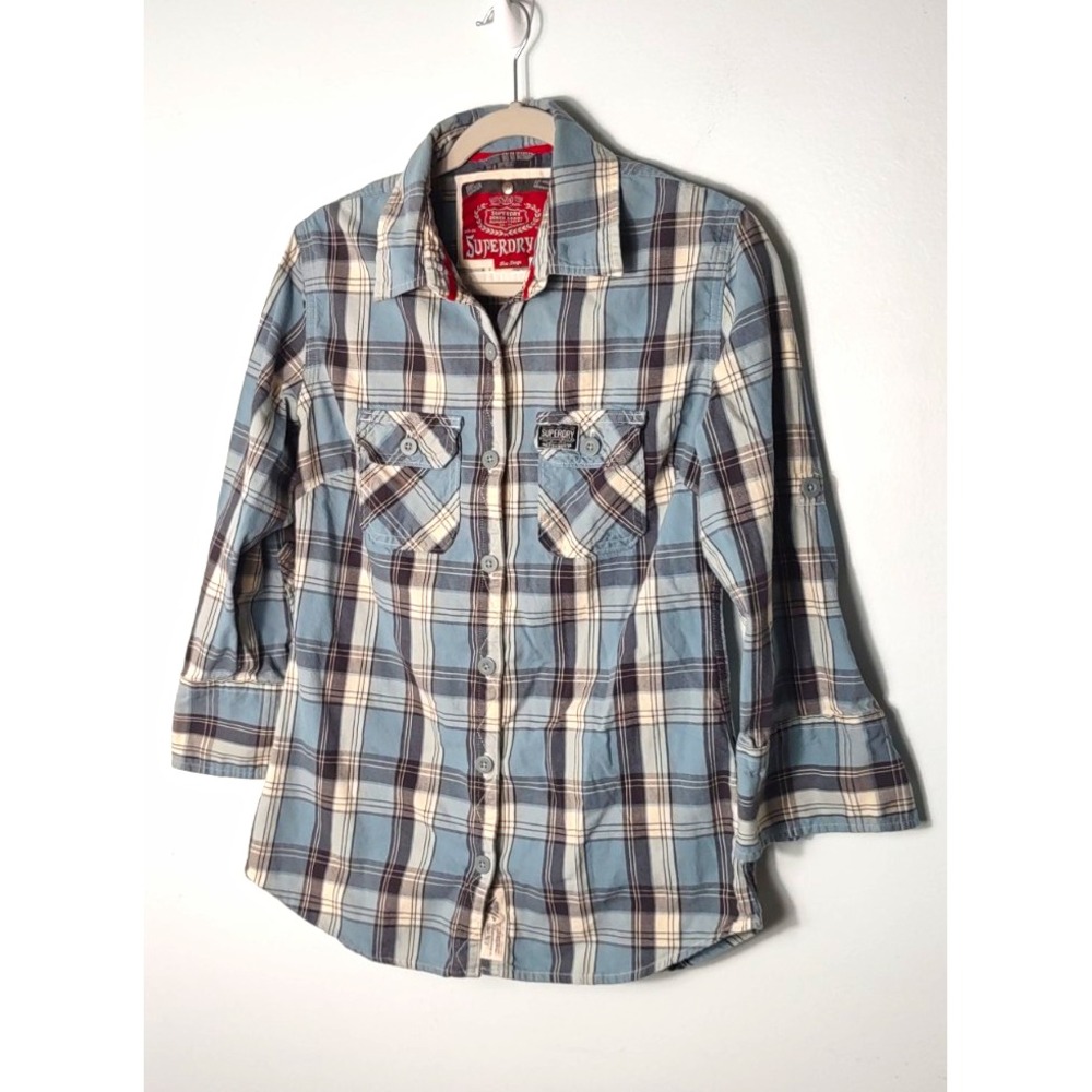 Vintage Superdry Plaid Cotton Woven Gorpcore 3/4 Slv Grunge Indie women's top L